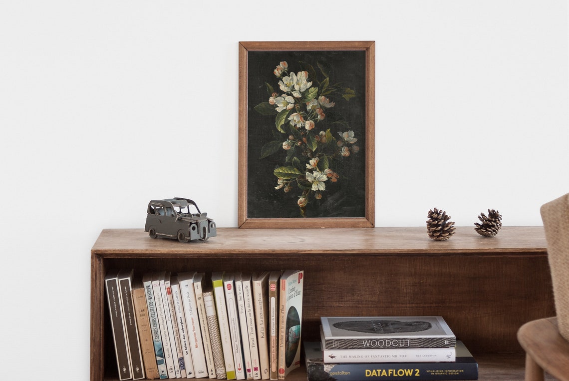 Moody Botanical Painting Spring Blossom Oil Painting Antique Farmhouse Botanical Painting Dark Flower Vintage Floral Wall Art - Image 2