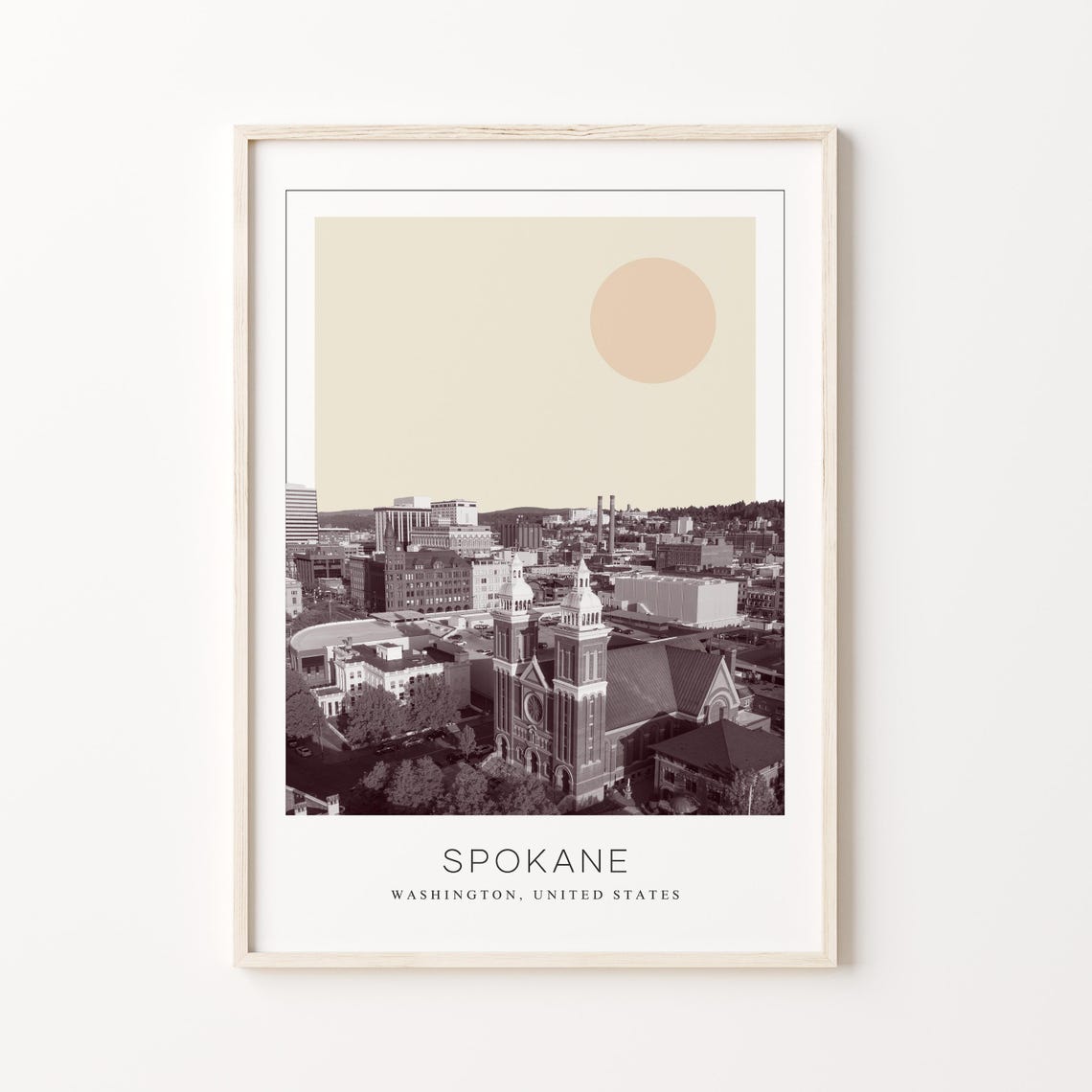 Spokane Downtown Cathedral Aerial Minimalist Washington Travel Poster