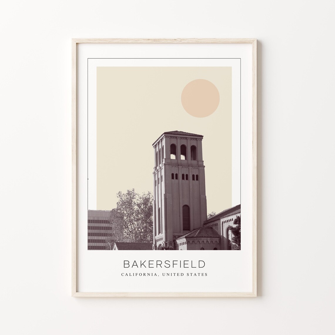 Bakersfield California Bell Tower Minimalist Sun Travel Poster