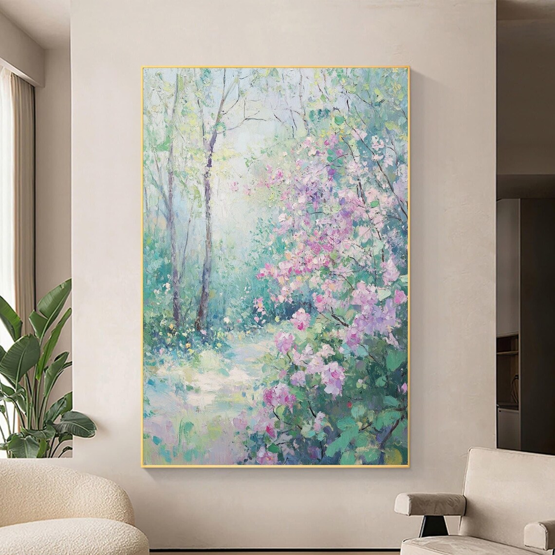 Misty Garden Path With Pink Flowering Bushes Oil Painting Poster