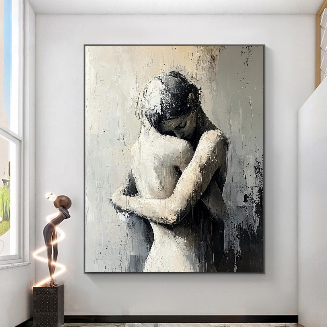 Abstract Grey Woman Embrace Portrait Art Print