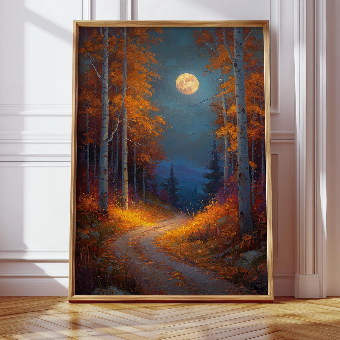 Moonlit Autumn Birch Forest Path Full Moon Halloween Art Poster