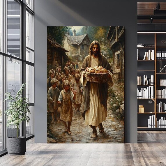 Jesus Carrying Bread Basket Walking With Children Village Scene Poster