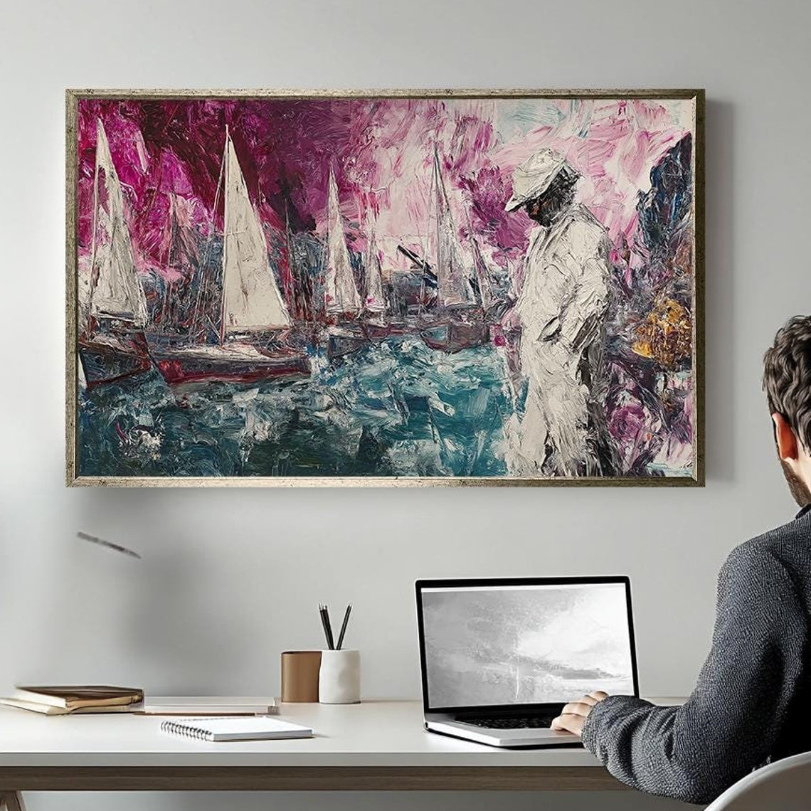 Sailboats And Sailor Figure Pink Teal Impasto Nautical Coastal Poster