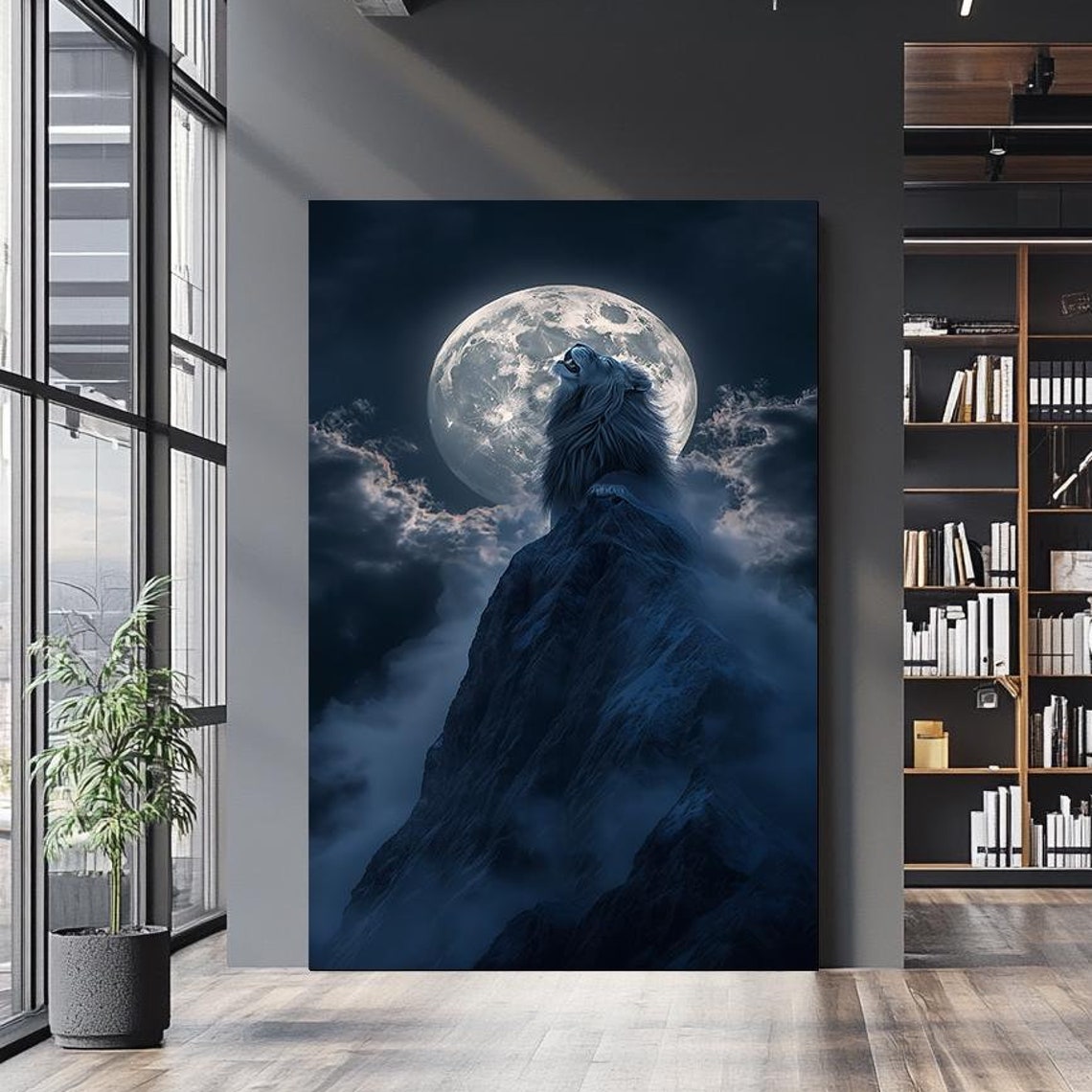 Blue Lion Moon Mountain Night Mystical Wildlife Fantasy Art Poster
