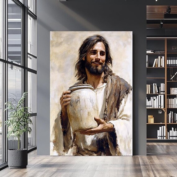 Smiling Jesus Christ Holding Clay Water Jar Biblical Scene Wall Art