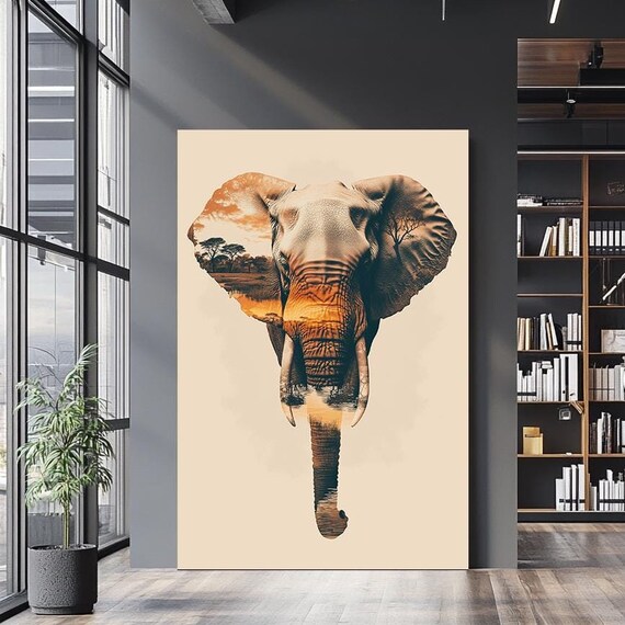 Elephant Double Exposure African Savanna Sunset Wildlife Poster