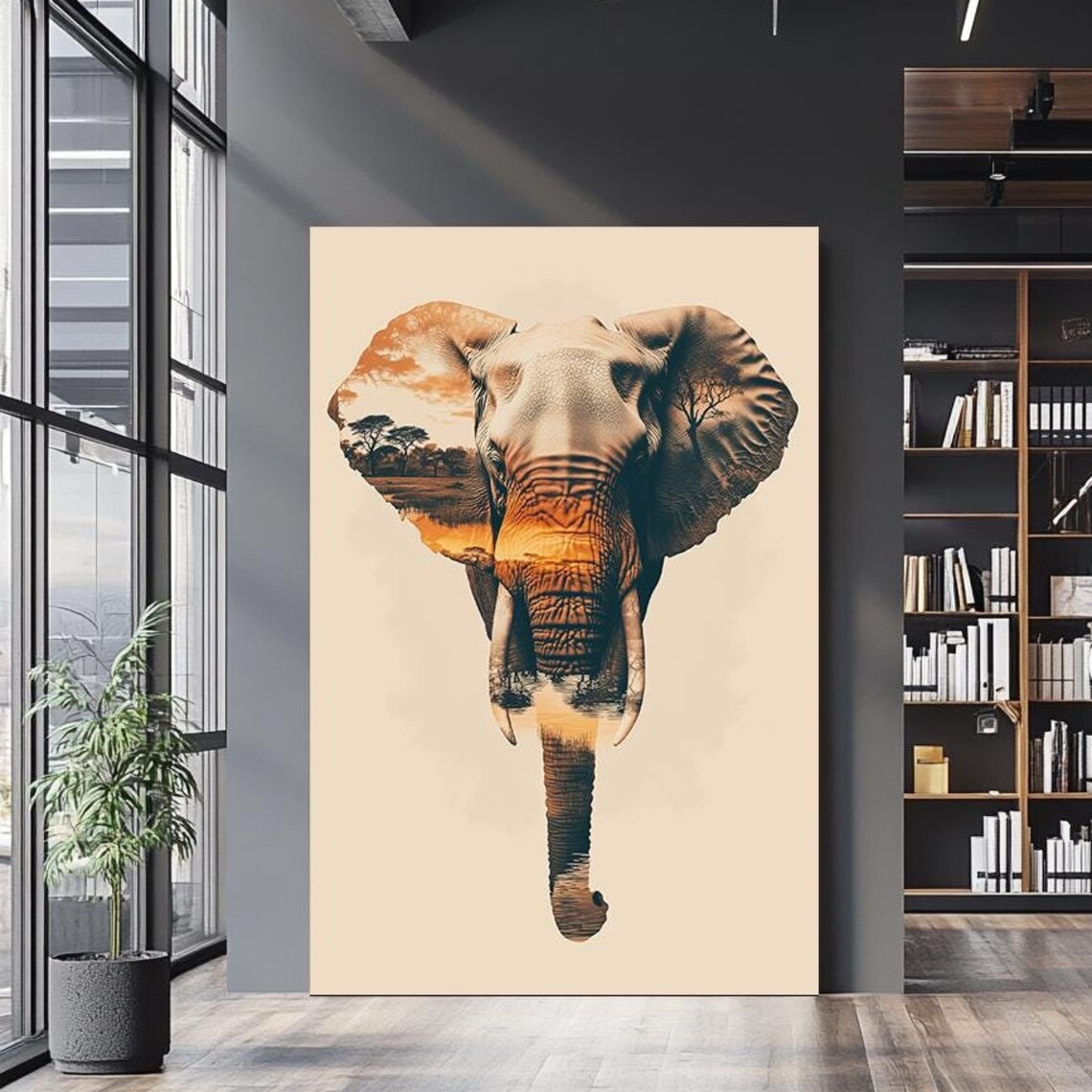 Elephant Double Exposure African Savanna Sunset Wildlife Poster