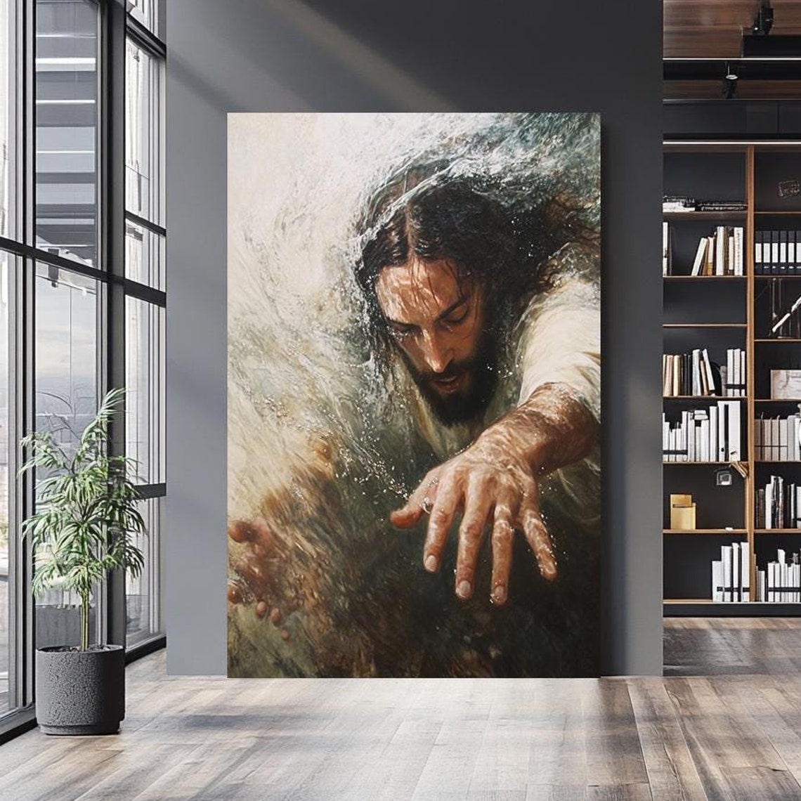 Jesus Reaching Through Water Hand Outstretched Powerful Faith Poster