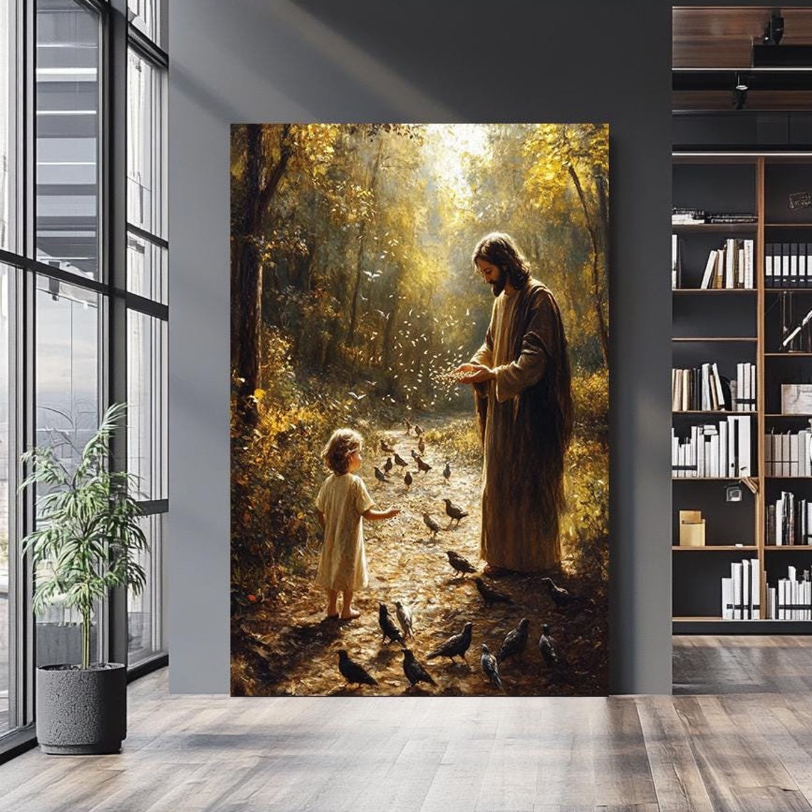 Jesus Feeding Birds With Child On Forest Path Dappled Light Wall Art