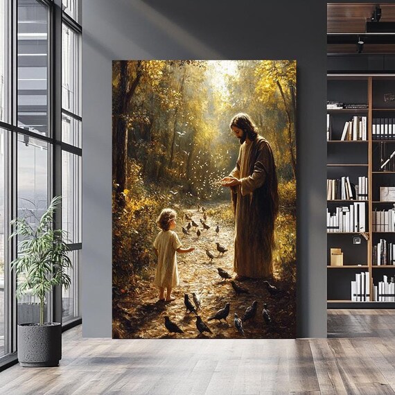 Jesus Feeding Birds With Child On Forest Path Dappled Light Wall Art