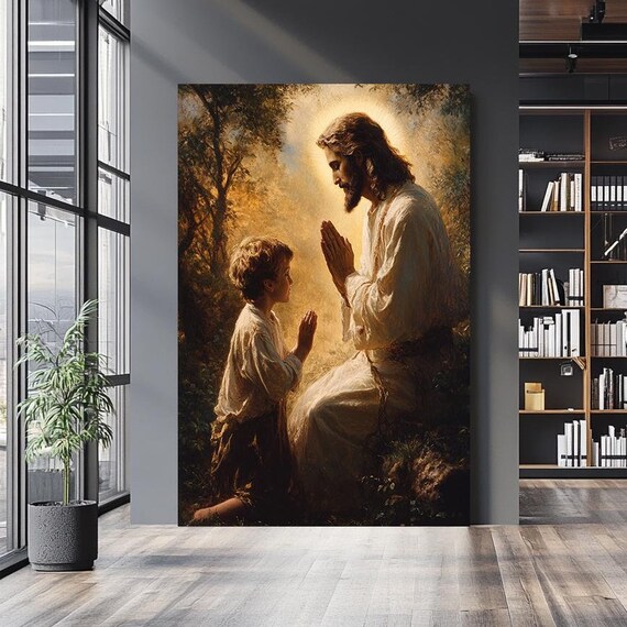 Jesus Praying Together With Young Boy Warm Golden Glow Poster