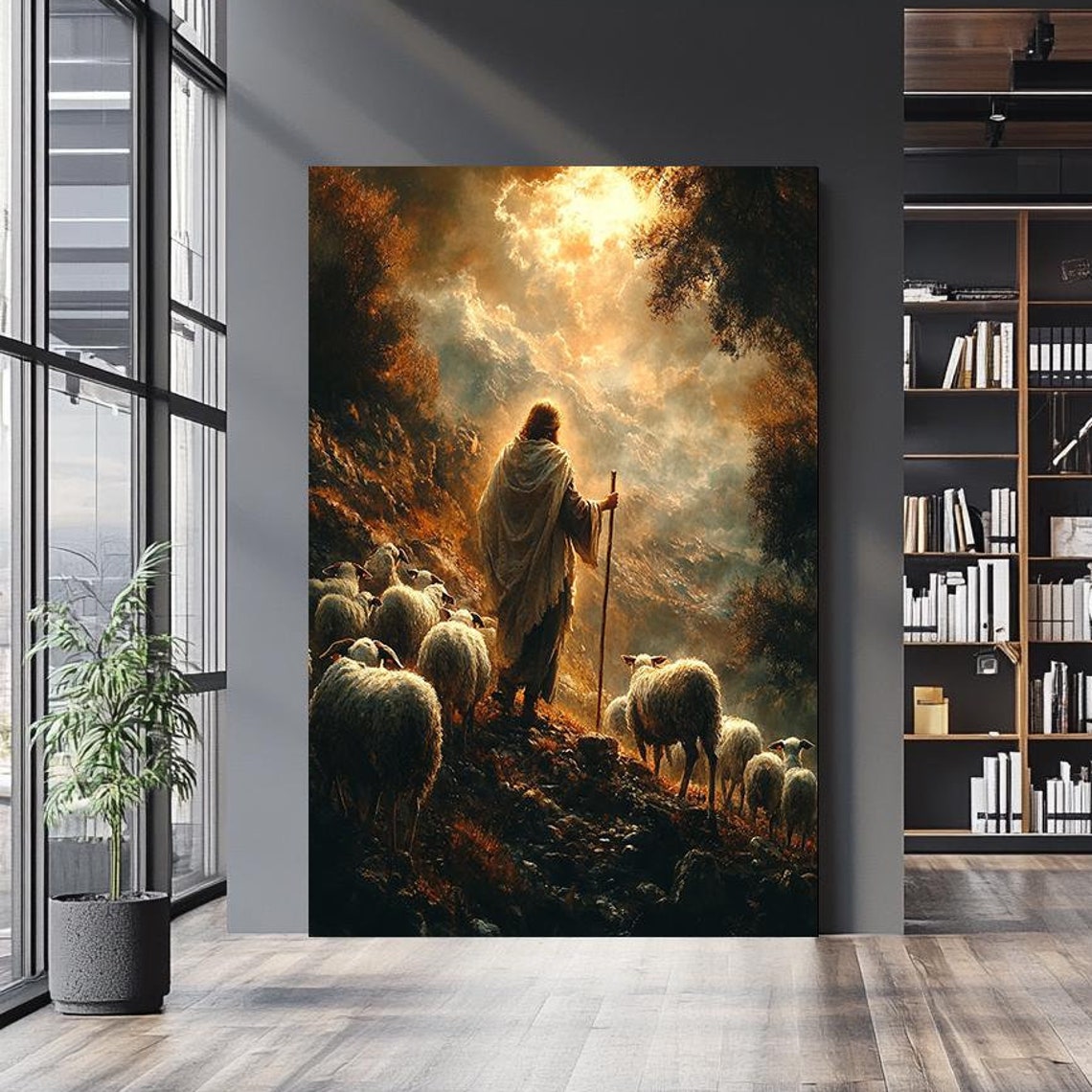 Good Shepherd Jesus Leading Flock Down Mountain At Dusk Poster