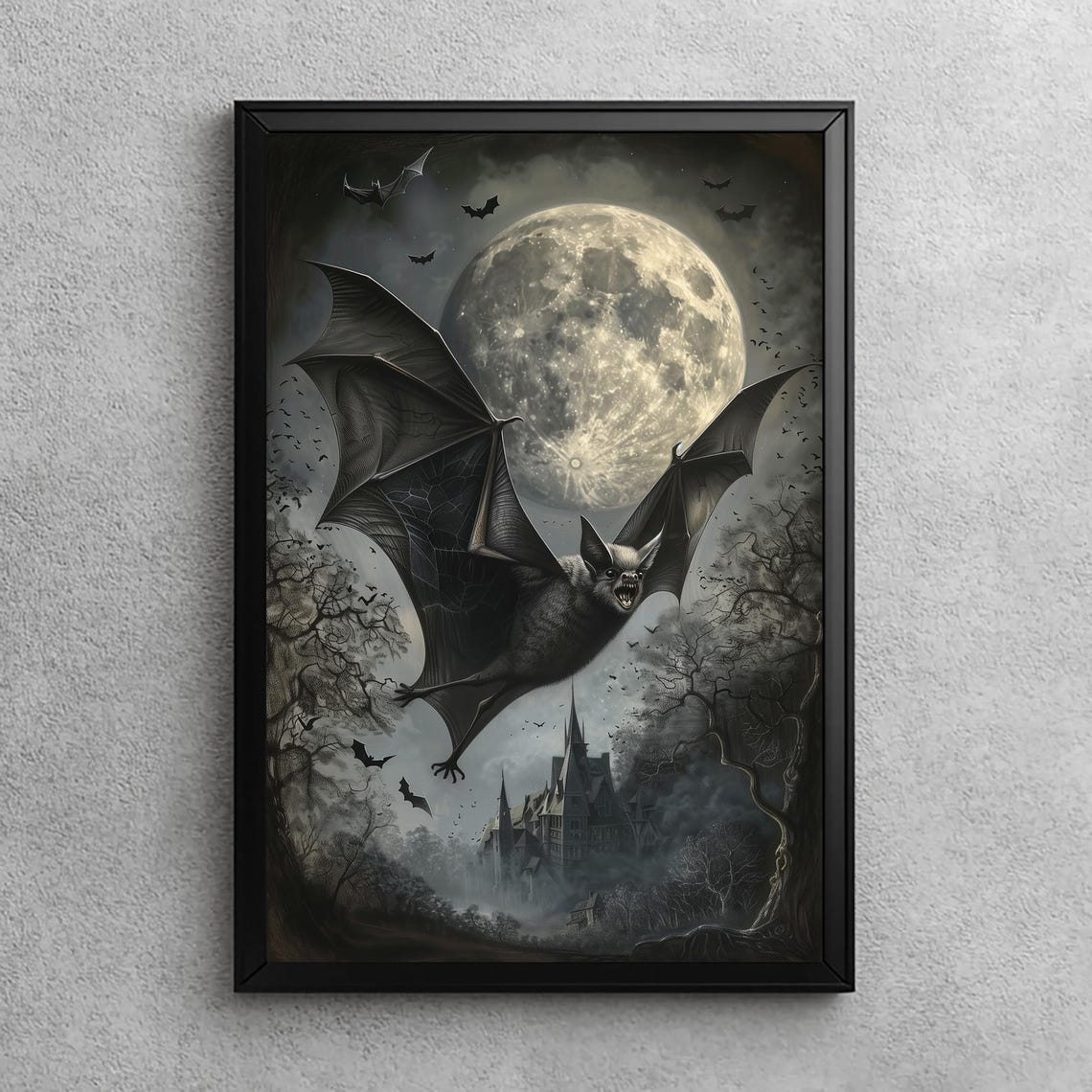 Giant Bat Full Moon Above Gothic Castle Spooky Halloween Poster