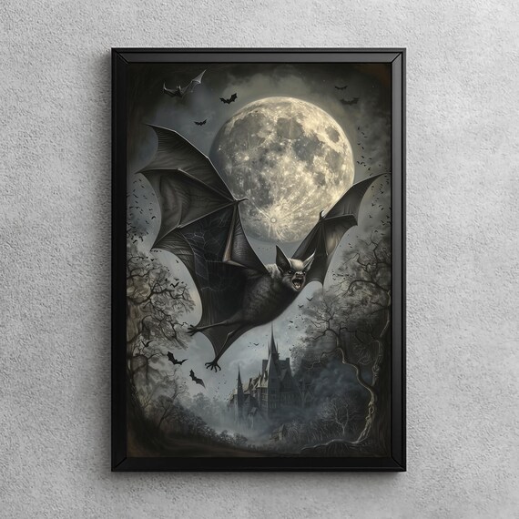 Haunting Bat In Moonlit Sky Gothic Wall Art Dark Academia Print Spooky Halloween Decor Oil Painting