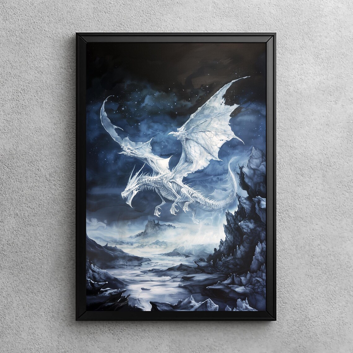 Frosted Skeletal Dragon Medieval Fantasy Art Gothic Print Dark Academia Decor Spooky Home Ice Wall
