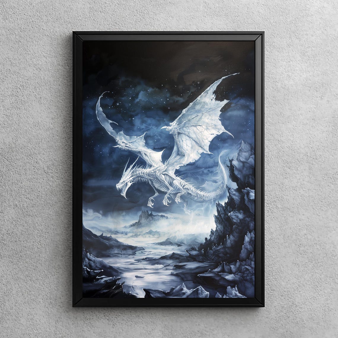 Frosted Skeletal Dragon Over Icy Moonlit Valley Fantasy Poster
