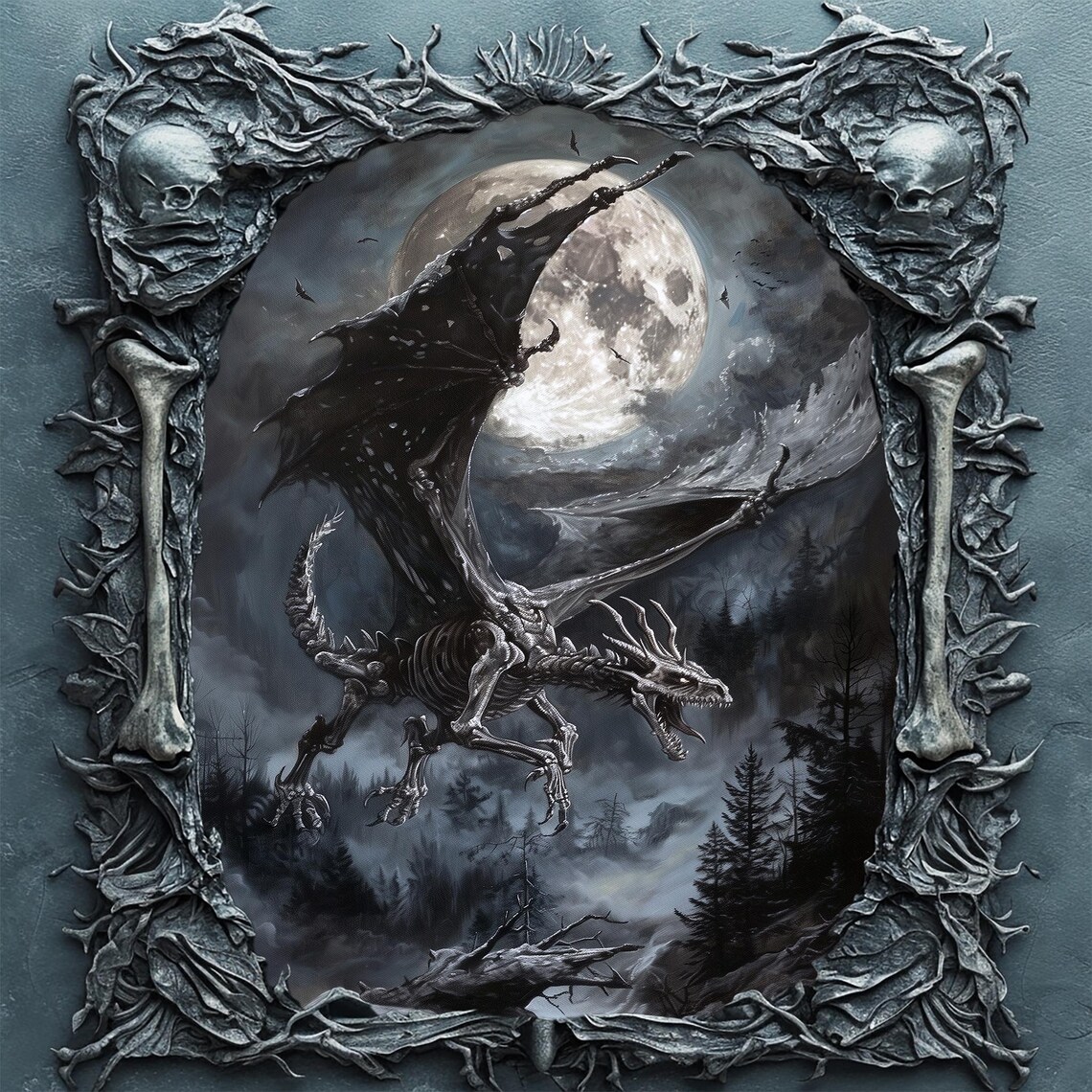 Skeletal Dragon Gothic Art Print, Dark Academia