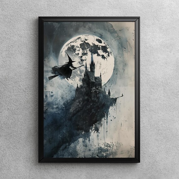 Witch Flies Over Gothic Castle Broomstick Silhouette Halloween Wall Art Full Moon Print Oil Painting
