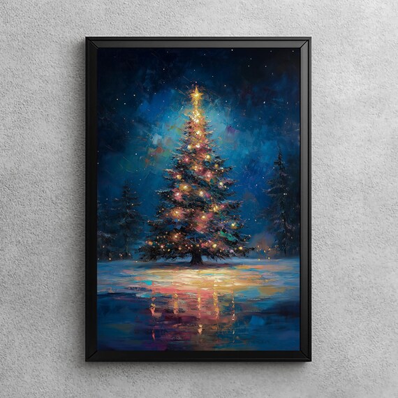 Glowing Christmas Tree Night Oil Painting With Starry Sky Poster