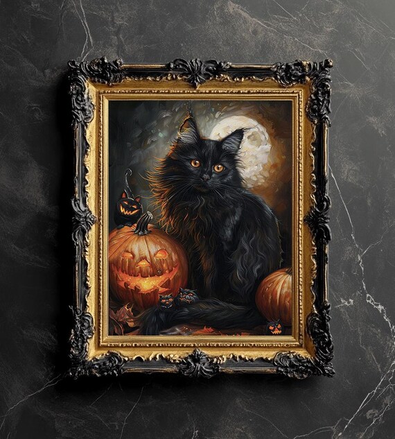 Black Cat With Jackolanterns Halloween Wall Art Dark Academia Autumn Print Gothic