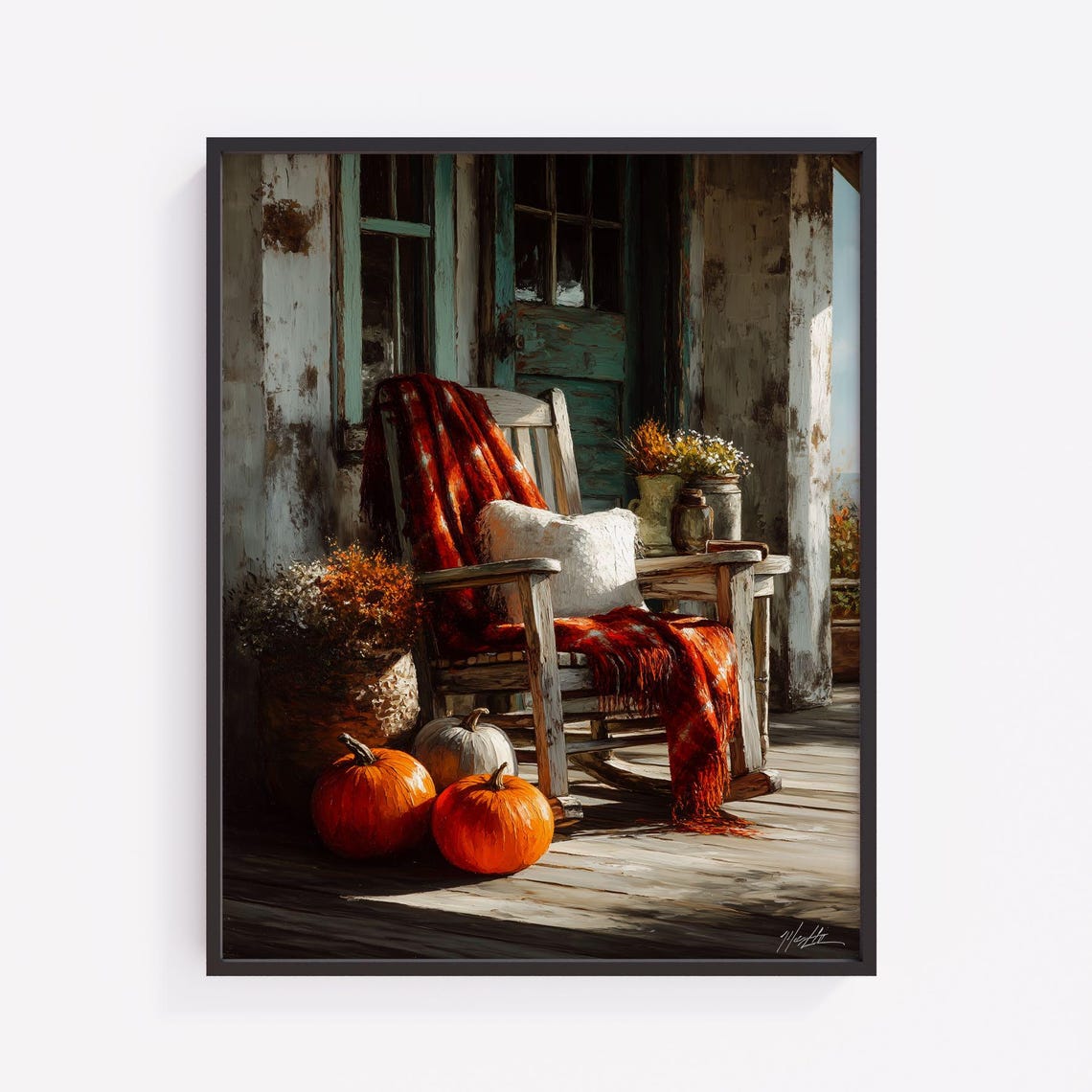 Rustic Autumn Porch Print Vintage Pumpkins And Rocking Chair V241