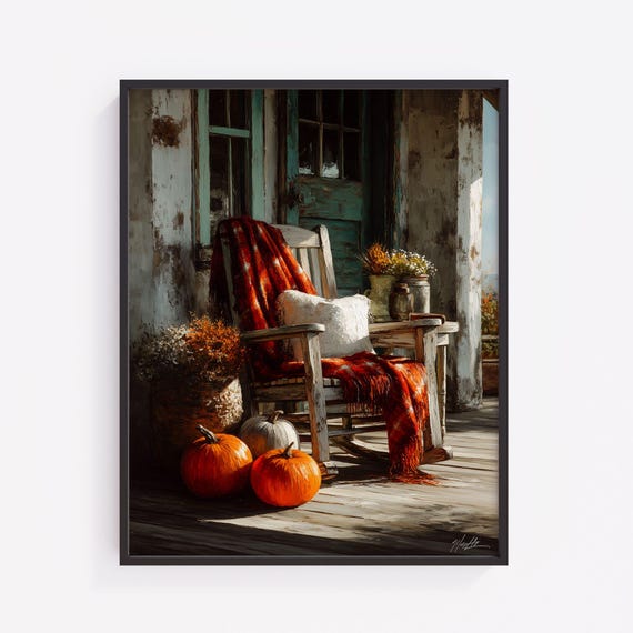 Rustic Autumn Porch Print Vintage Pumpkins And Rocking Chair V241