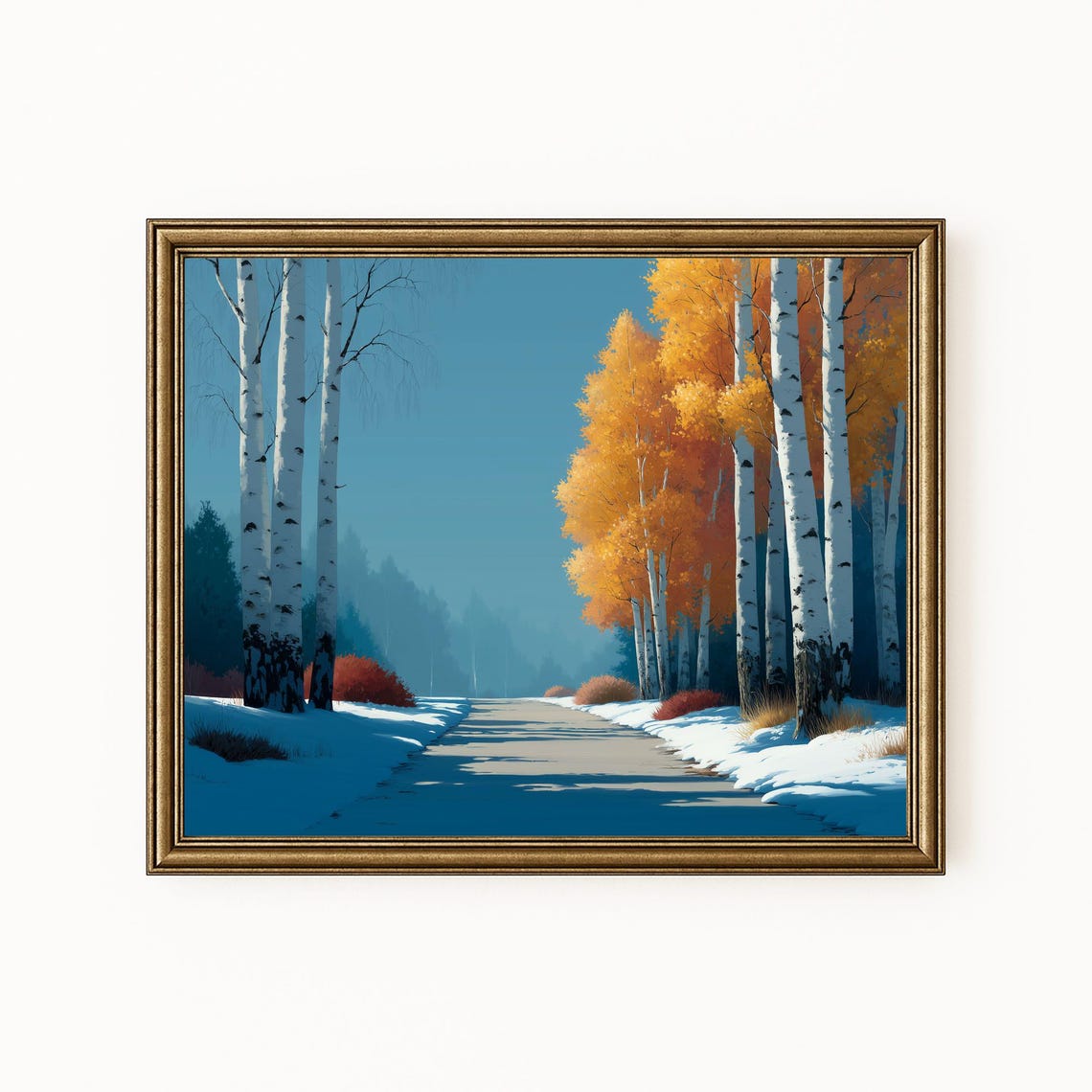 Birch Tree Autumn Snow Landscape Art Rustic Country Road