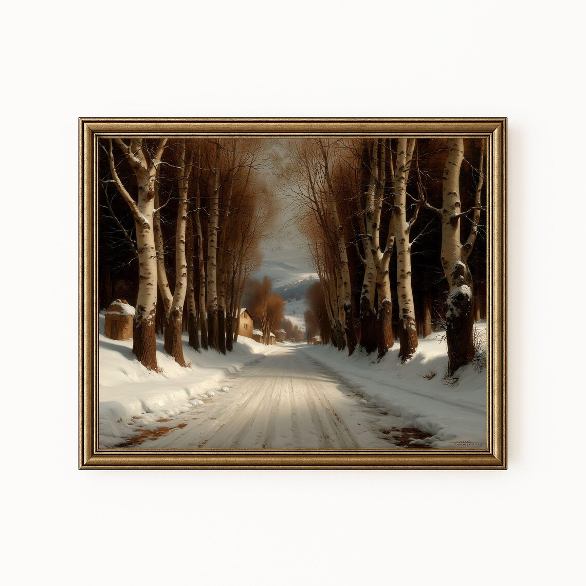 Winter Birch Avenue Snowy Road Vintage Oil Painting Cold Scene Poster