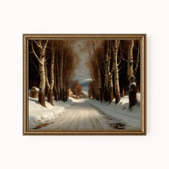 Winter Birch Tree Road Print Vintage Snowy Landscape H295
