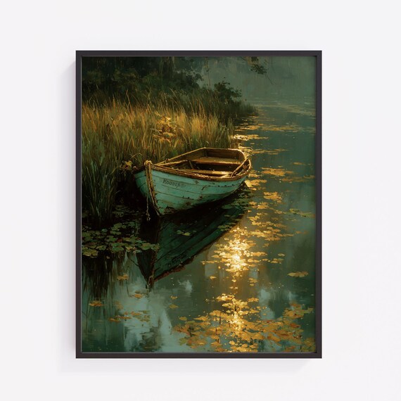 Moody Rustic Landscape Art Vintage Autumn Rowboat Scene Misty Lake Reflections Wall Decor Earthy 408