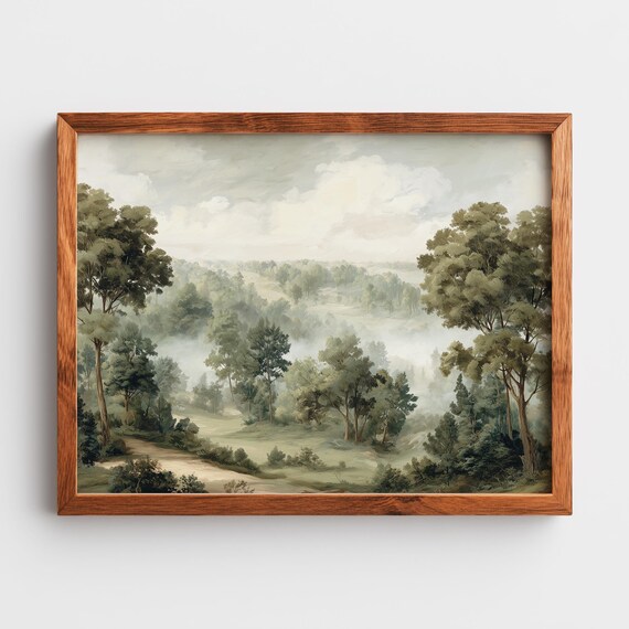 Vintage Countryside Landscape Misty Valley In Muted Greens Moody Farmhouse Art Classic Wall Decor Soft Romantic Scene 421