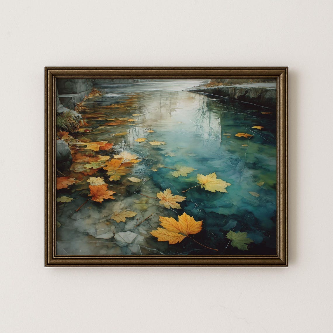 Autumn Leaves Winter Stream Art Print Vintage Nature Scene