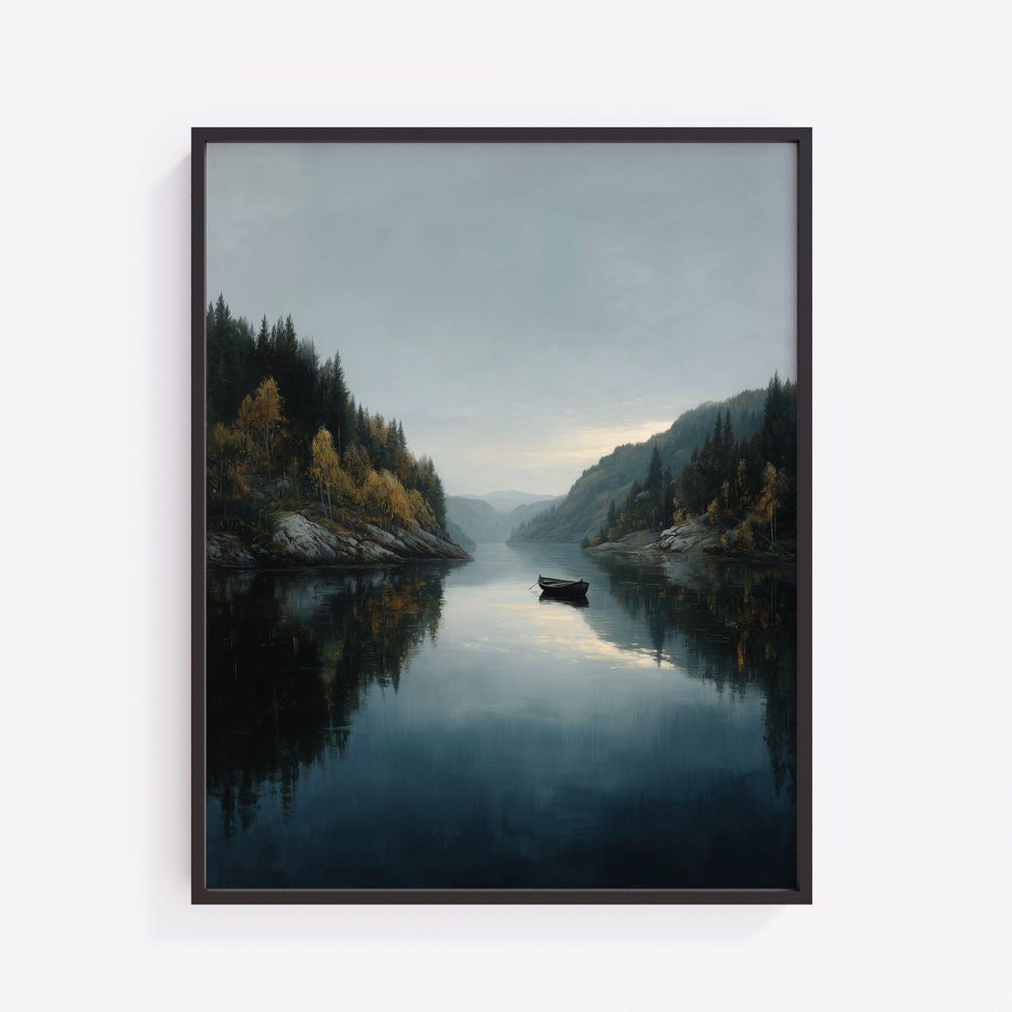 Moody Scandinavian Fjord At Dusk Rustic Autumn Landscape Art Bluegray Tones