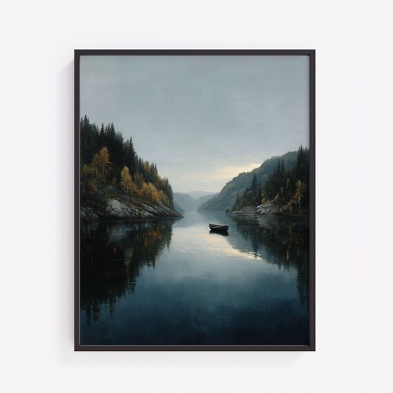 Moody Scandinavian Fjord At Dusk Rustic Autumn Landscape Art Bluegray Tones