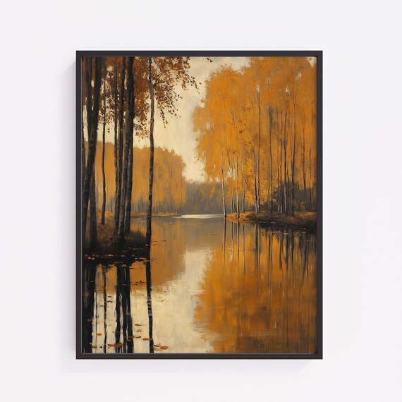 Autumn Willow Pond Painting Moody Landscape Art Print V56