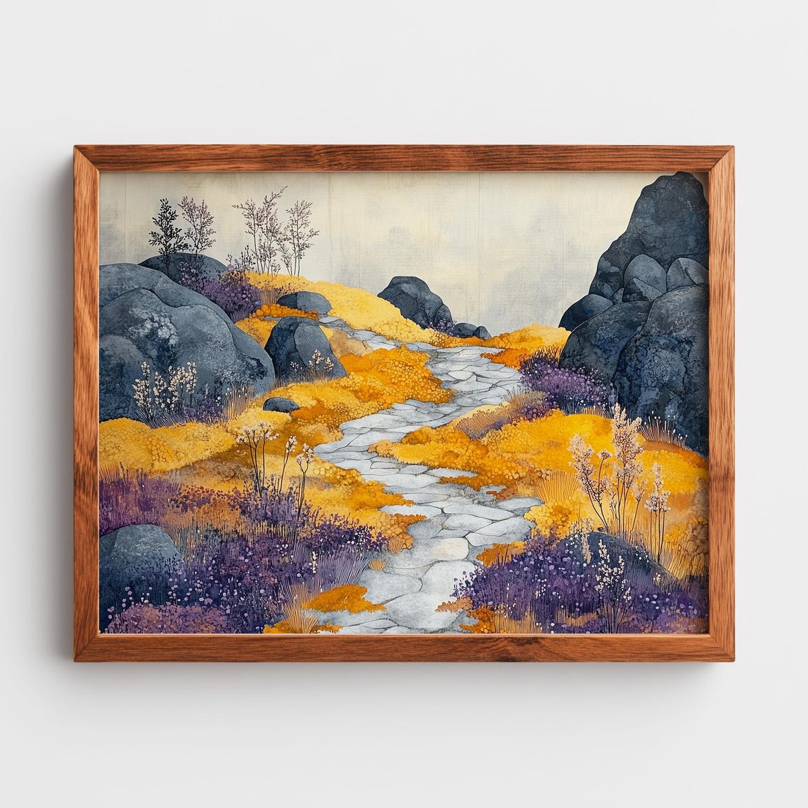 Nordic Autumn Rocky Trail Golden Moss And Purple Heather Scene Print