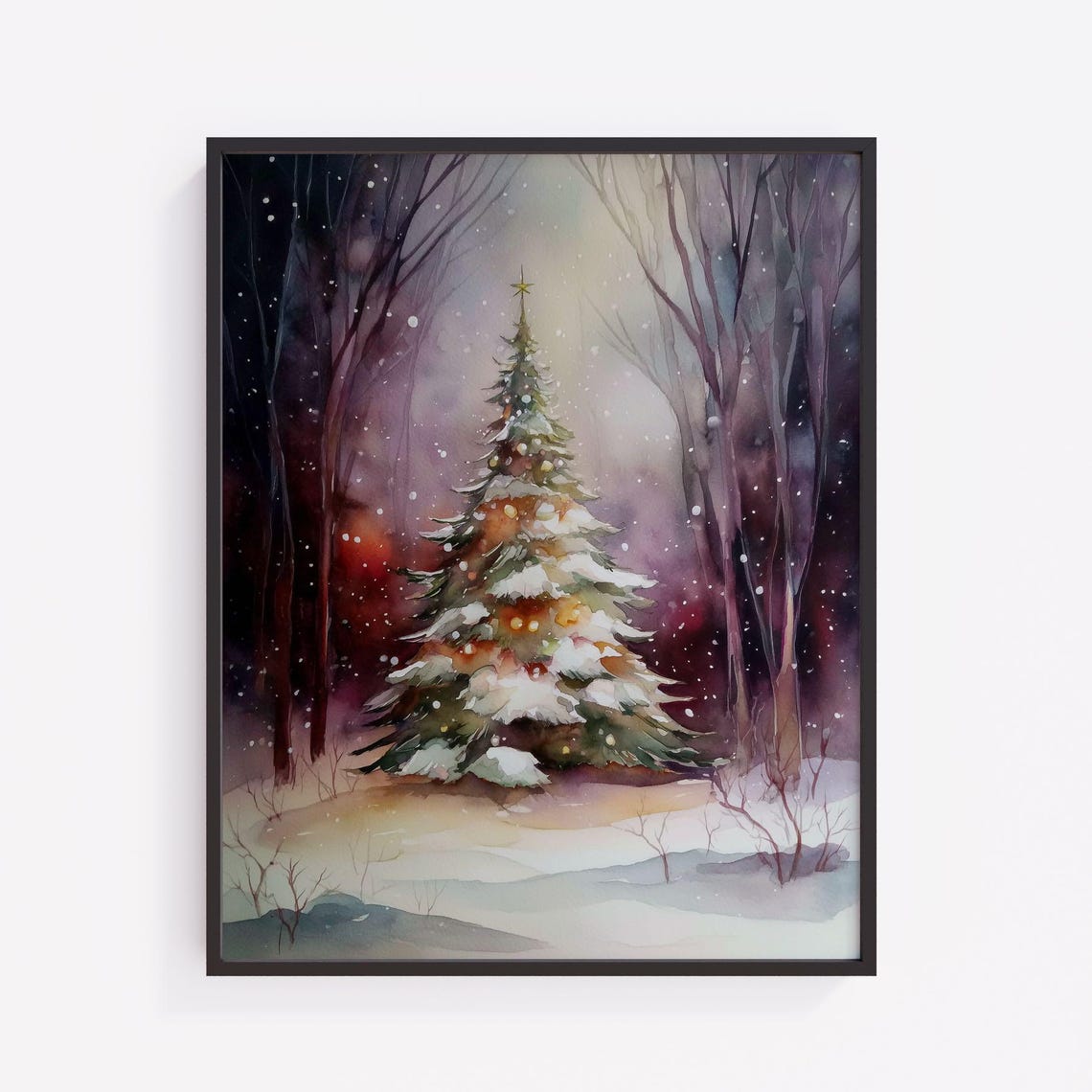 Christmas Tree In Misty Snowy Night Forest Watercolor Holiday Print