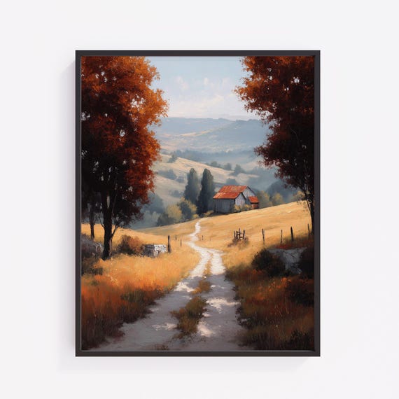 Autumn Country Road Painting Rustic Farmhouse Landscape V36