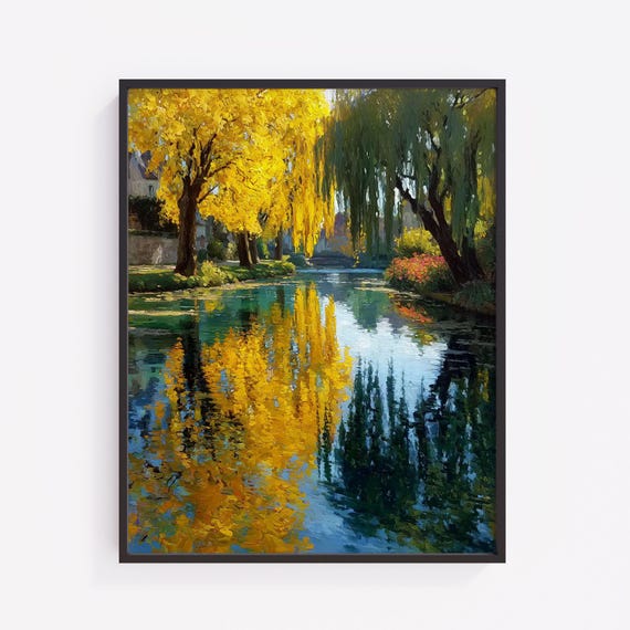 Autumn Willow Pond Landscape Print Vintage Fall Decor V59