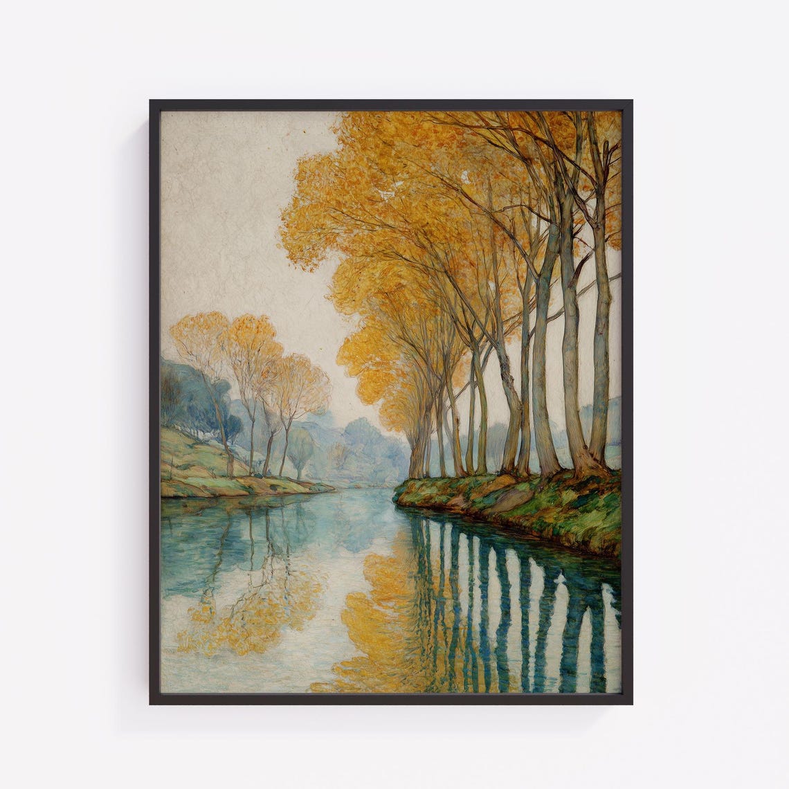 Autumn Riverbank Art Print Golden Leaves Landscape V69