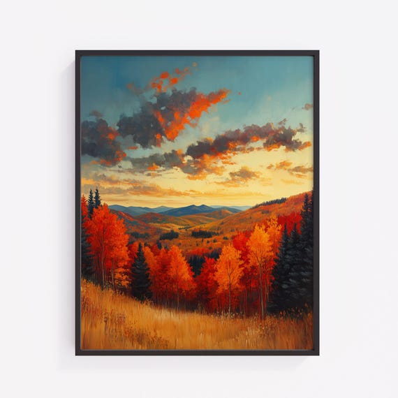Autumn Landscape Art Print Dramatic Fall Sky Rolling Hills V204