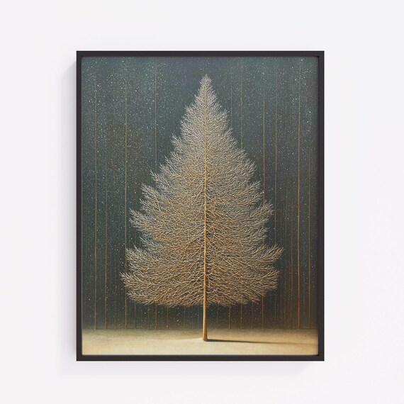 Golden Winter Pine Tree Snowfall Minimalist Night Art Poster