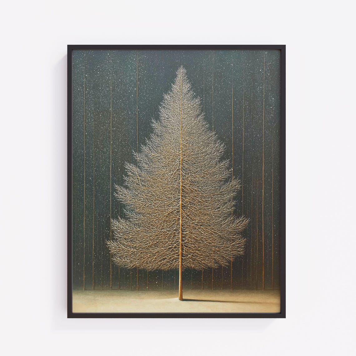 Rustic Christmas Tree At Night Minimalist Evergreen Moody Snowfall Scene Scandinavian Style Art Festive Winter Wall 436