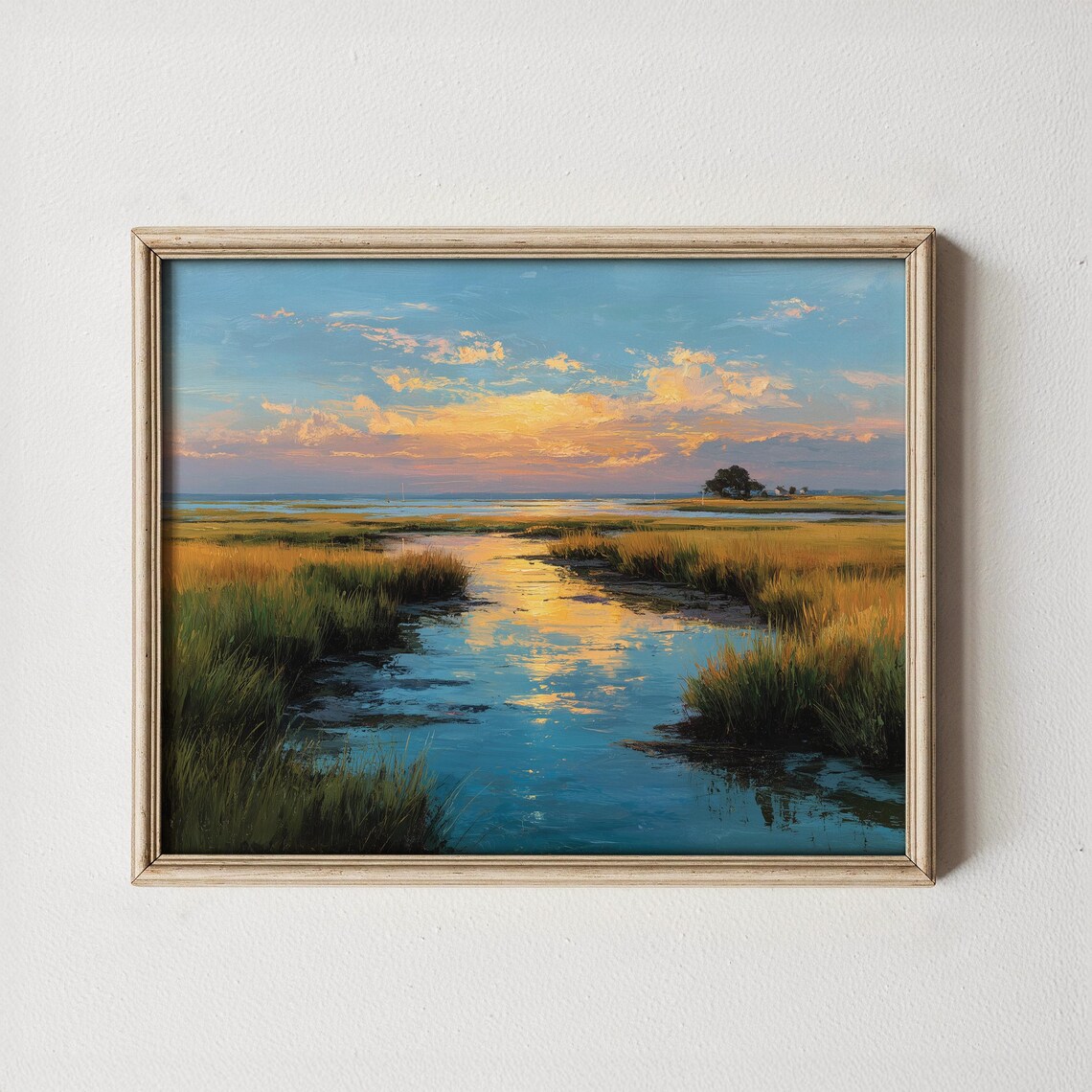 Golden Hour Tidal Marsh Sunset Reflective Waterway Coastal Landscape Wall Art