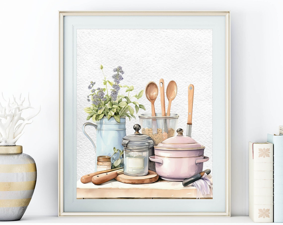 Watercolor Kitchen Still Life Enamelware Pitcher Utensils Home Poster