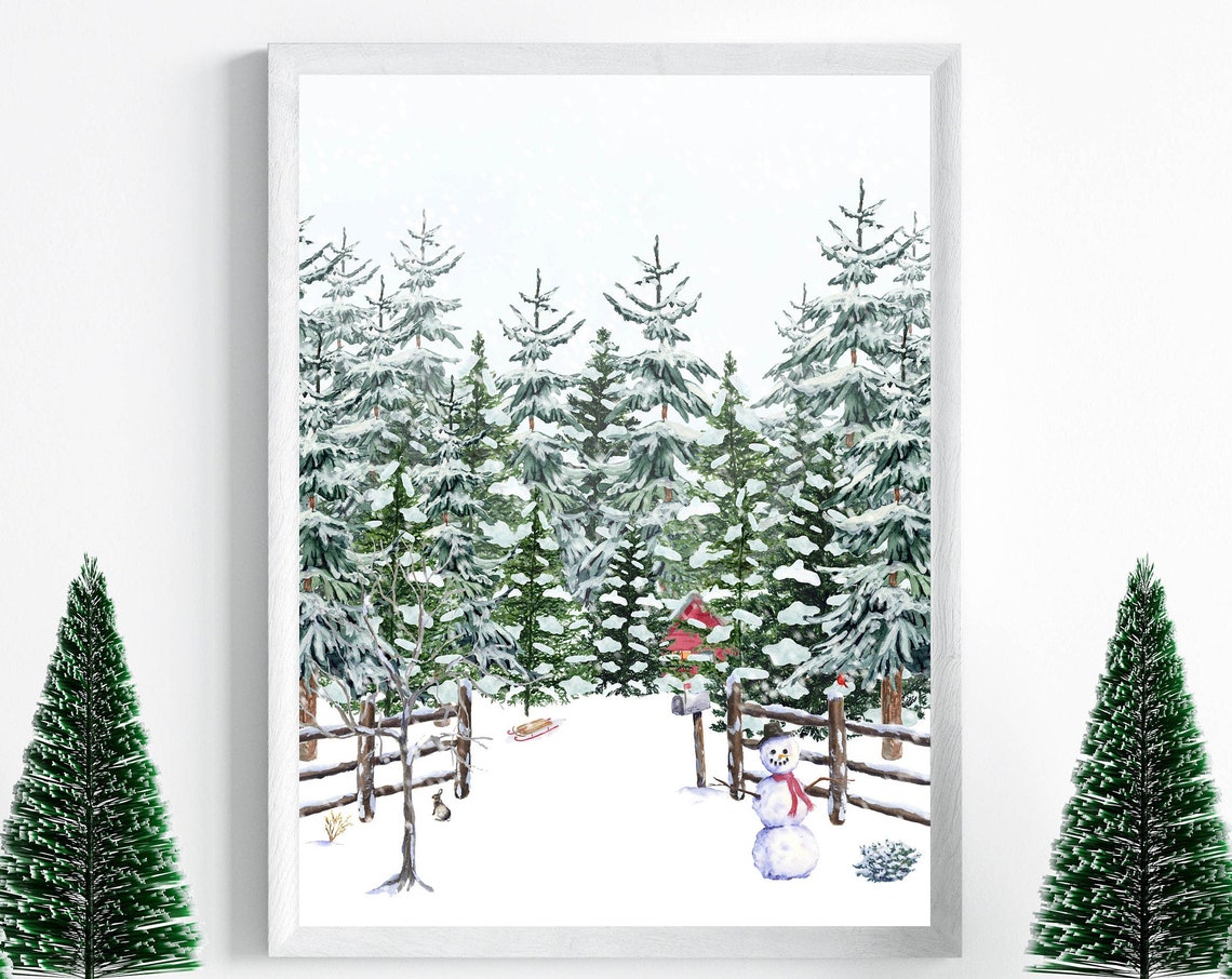 Snowy Pine Forest Path Watercolor Winter Wonderland Art Poster - Image 2