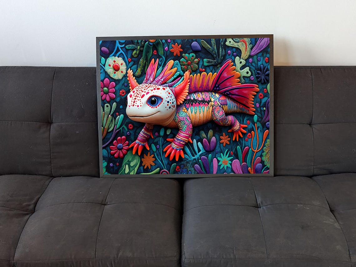 Alebrije Axolotl Colorful Patterns Underwater Flowers Folk Art Poster - Image 4
