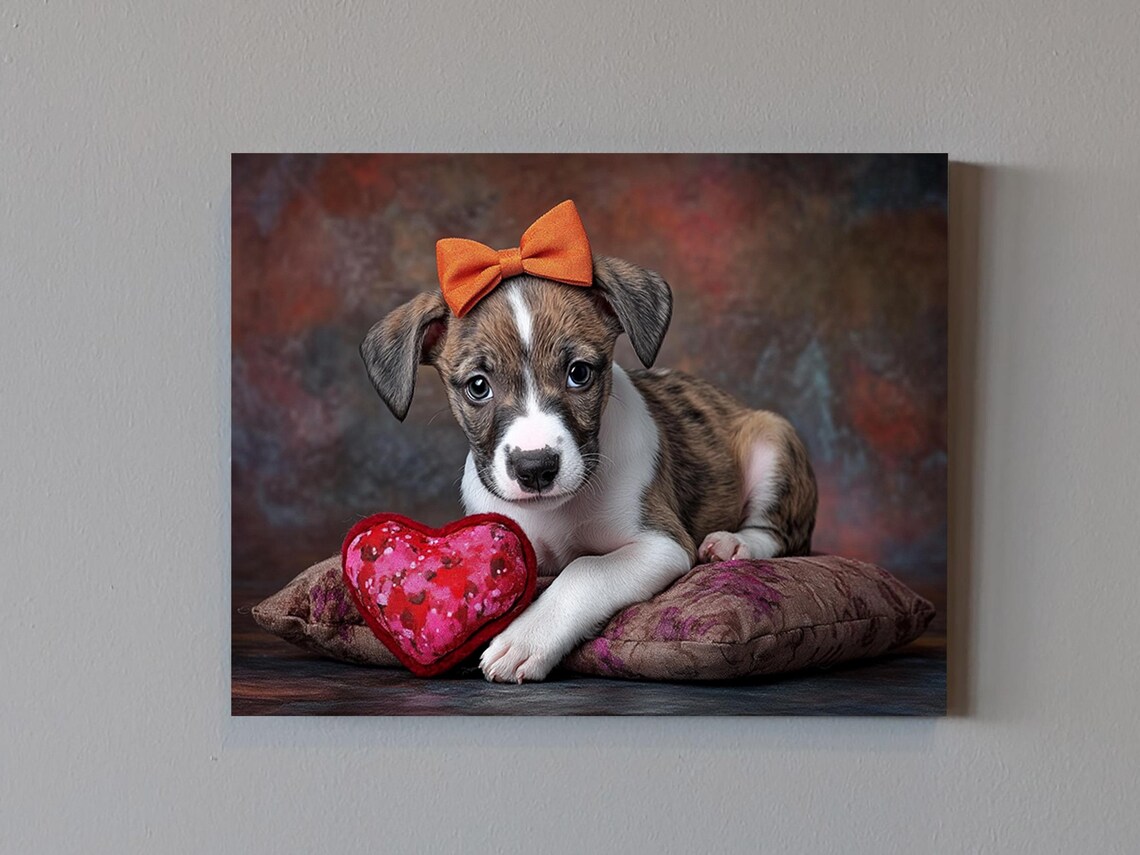 Sweet Whippet Puppy With Orange Bow Resting On Heart Pillow Art Poster