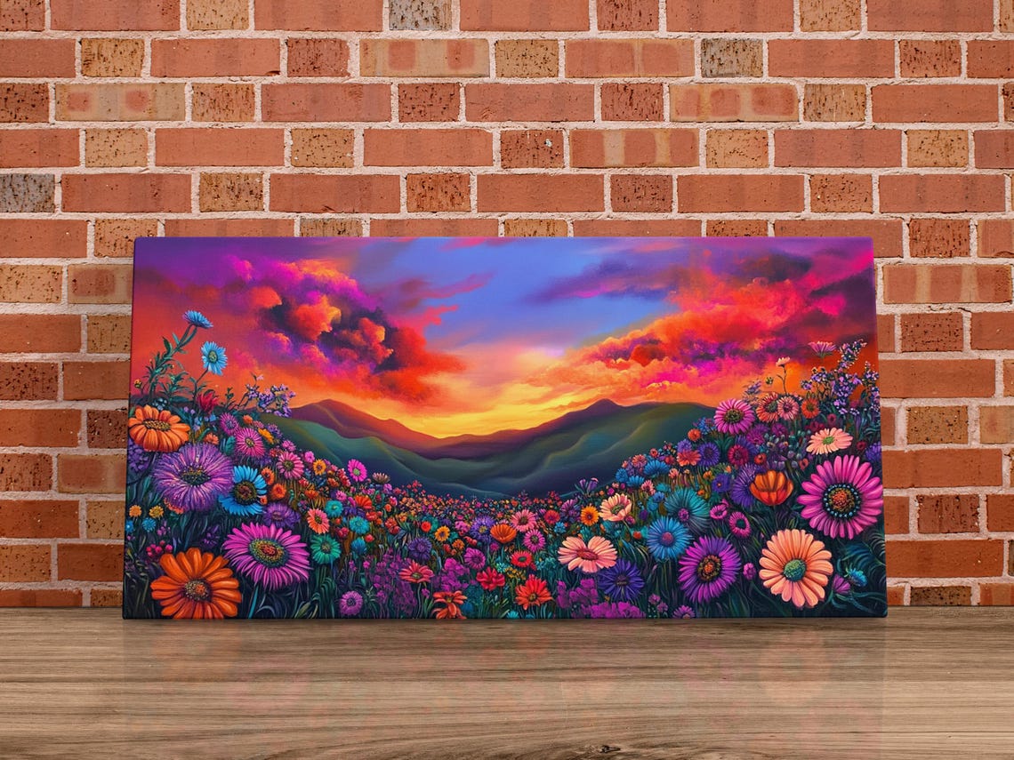 Rainbow Wildflower Meadow Dramatic Sunset Sky Colorful Art Poster